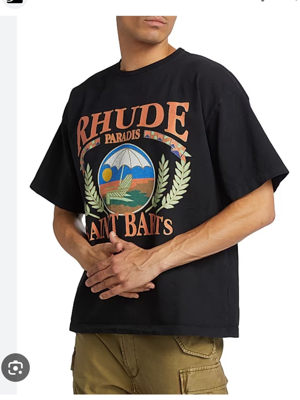 Rhude Black Graphic Tee with Multicolor Beach Emblem